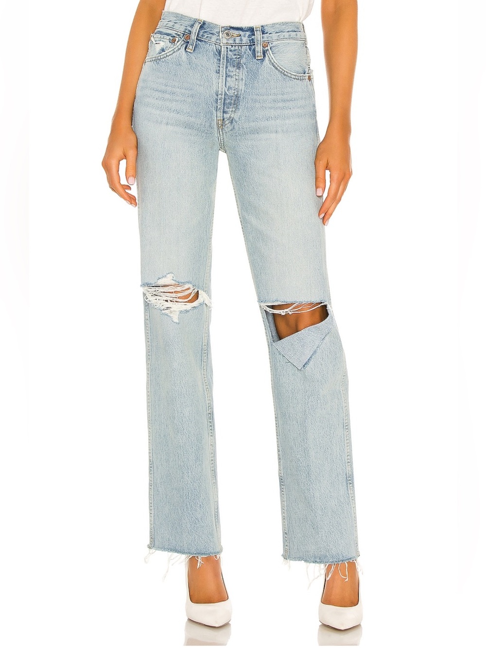 Re/done Original 90s High Rise Loose Jeans in Breezy Indigo with Rips. Sz 25